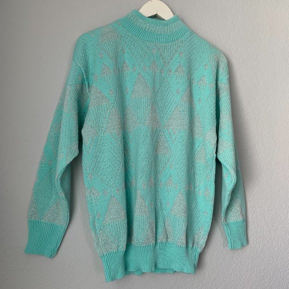 VINTAGE Mint Blue Christmas Ski Sweater Silver Winter Holiday Sweater Sparkly - Picture 2 of 12